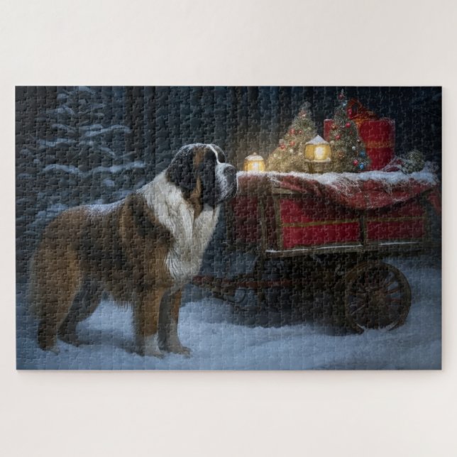 Saint Bernard Snowy Sleigh Christmas Decor Jigsaw Puzzle (Horizontal)