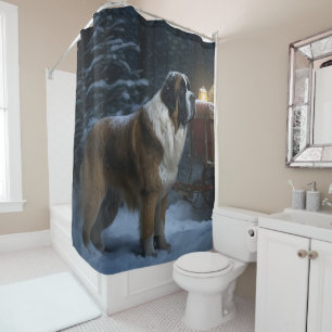 Saint Bernard Snowy Sleigh Christmas Decor Shower Curtain