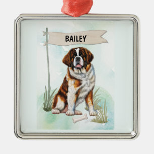 Saint Bernard Watercolor Personalized Dog Metal Ornament
