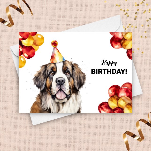 Saint Bernard with Balloons and Party Hat Birthday Card (Creator Uploaded)