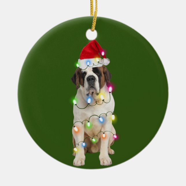 Saint Bernard With Christmas Scafts Santa Ceramic Ornament (Front)