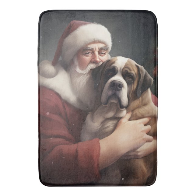 Saint Bernard With Santa Claus Festive Christmas Bath Mat (Front Vertical)