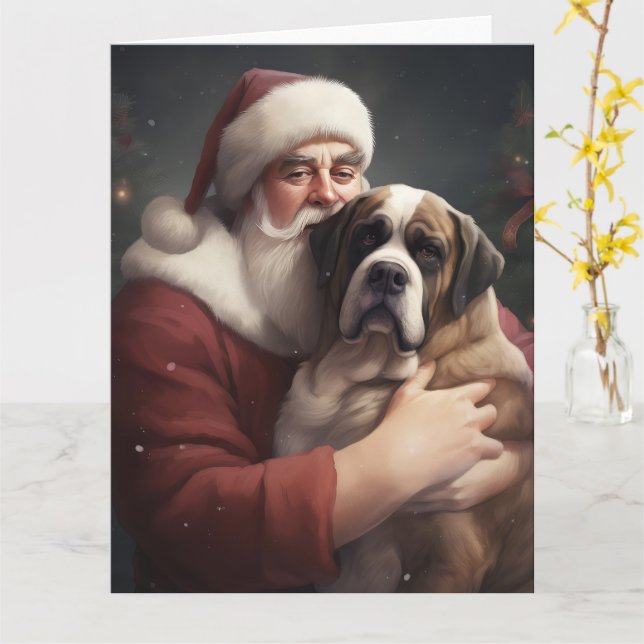 Saint Bernard With Santa Claus Festive Christmas Card (Yellow Flower)