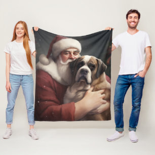Saint Bernard With Santa Claus Festive Christmas Fleece Blanket