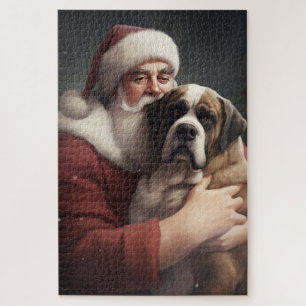 Saint Bernard With Santa Claus Festive Christmas Jigsaw Puzzle