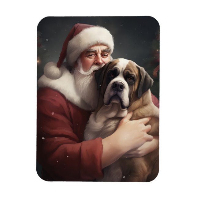 Saint Bernard With Santa Claus Festive Christmas Magnet (Vertical)