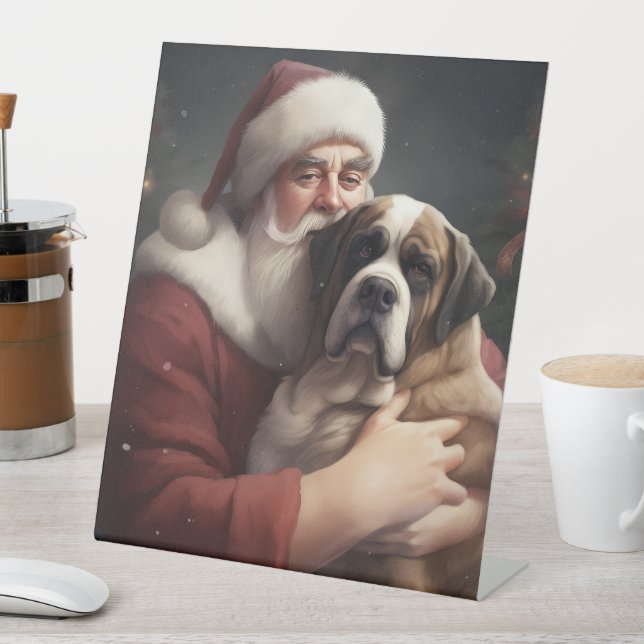 Saint Bernard With Santa Claus Festive Christmas Pedestal Sign (In SItu)