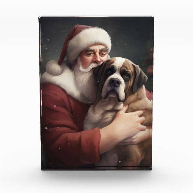 Saint Bernard With Santa Claus Festive Christmas Photo Block (Front)