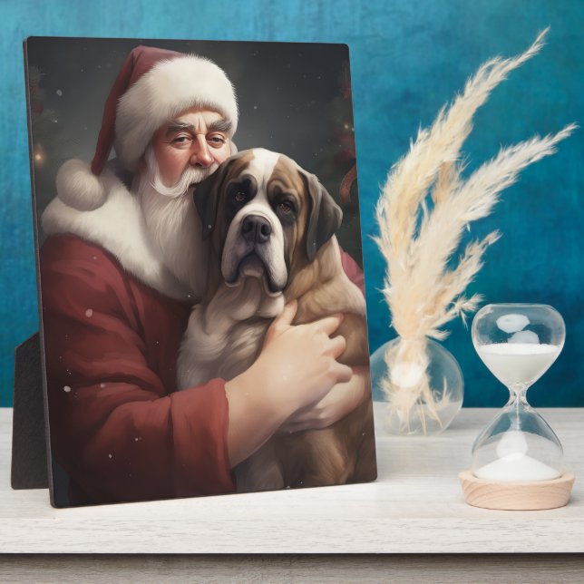 Saint Bernard With Santa Claus Festive Christmas Plaque (Side)