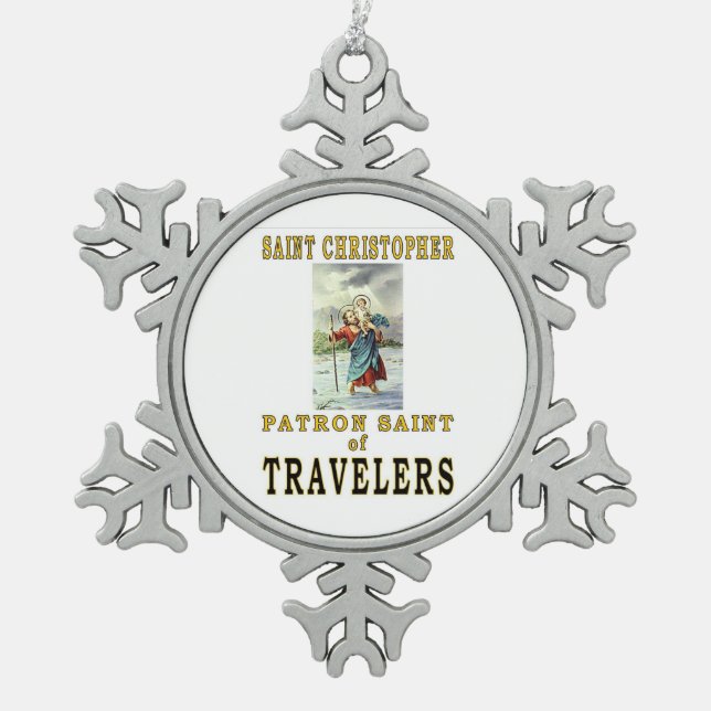 SAINT CHRISTOPHER SNOWFLAKE PEWTER CHRISTMAS ORNAMENT (Front)