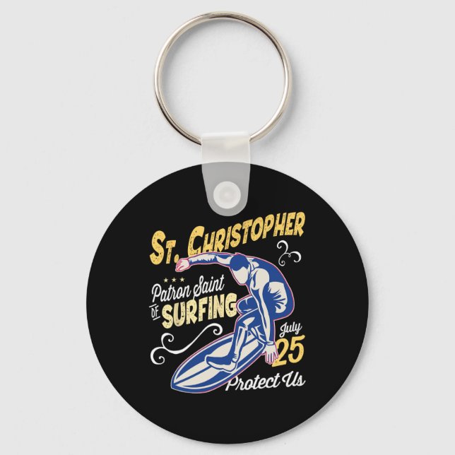 Saint Christopher Surf Patron Saint Of Surfing Cat Key Ring (Front)