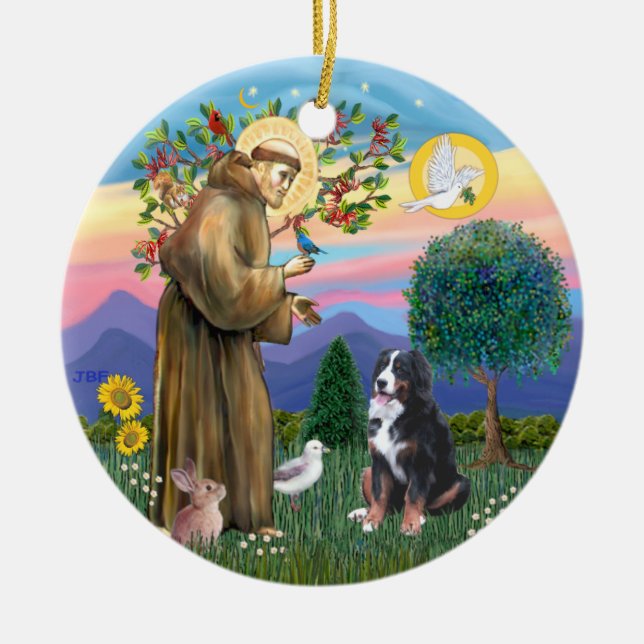 Saint Francis - Bernese Mountain Dog Ceramic Ornament (Front)