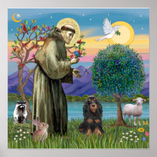 Saint Francis & Black-Tan Cocker Spaniel Poster