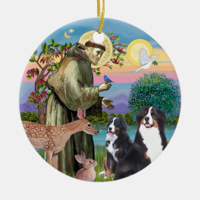 Saint Francis - Two Bernese Mountain Dogs Ceramic Ornament (Front)