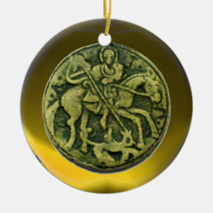 SAINT GEORGE, DRAGON /MADONNA AND CHILD MEDALLION CERAMIC ORNAMENT