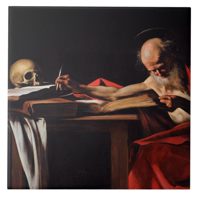 Saint Jerome Writing (by Caravaggio) Ceramic Tile (Front)