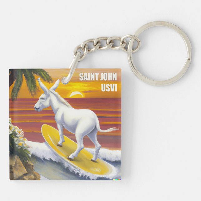 Saint John US Virgin Islands Funny Donkey Surfing Key Ring (Back)