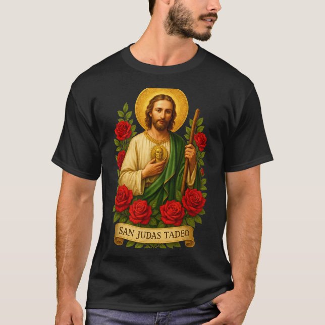 Saint Jude Thaddeus Catholic Art With Red Roses  T-Shirt (Front)