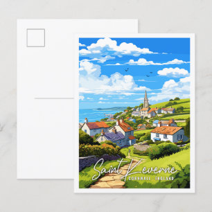 Saint Keverne Cornwall vintage travel illustration Postcard