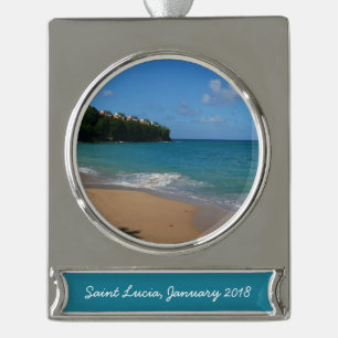Saint Lucia Beach Tropical Vacation Landscape Silver Plated Banner Ornament
