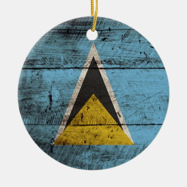 Saint Lucia Flag on Old Wood Grain Ceramic Ornament (Front)