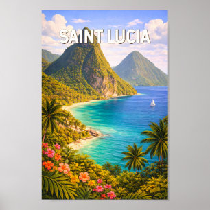 Saint Lucia Illustration Travel Art Vintage Poster