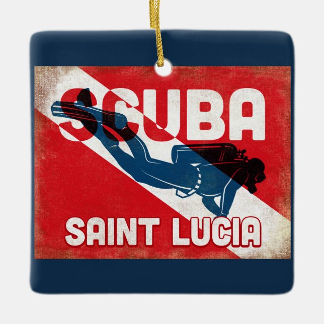 Saint Lucia Scuba Diver - Blue Retro Ceramic Ornament (Front)
