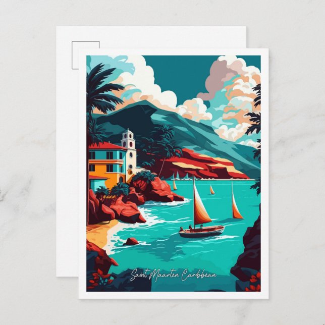 Saint Maarten Caribbean travel illustration Postcard (Front/Back)