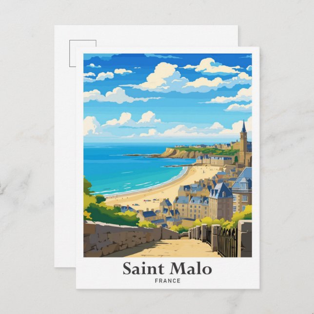 Saint Malo France Art Vintage Travel Illustration Postcard (Front/Back)