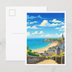 Saint Malo France vintage travel illustration Postcard