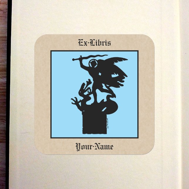 Saint Michael and Dragon Bookplate Square Sticker (Saint Michael and Dragon Bookplate in Old Book)