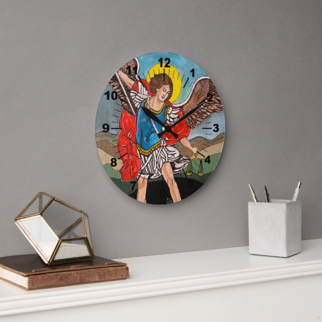 Saint Michael the Archangel Painting by Alfred Fox Large Clock (Office)