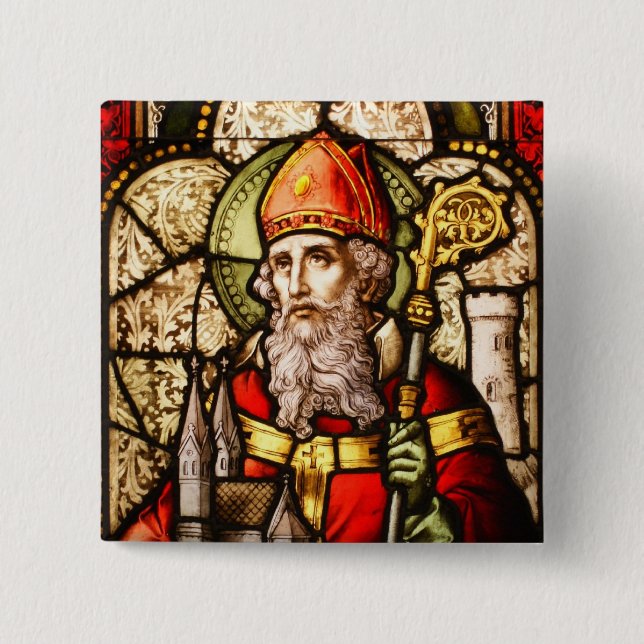 Saint Patrick Image on Stained Glass 15 Cm Square Badge (Front)