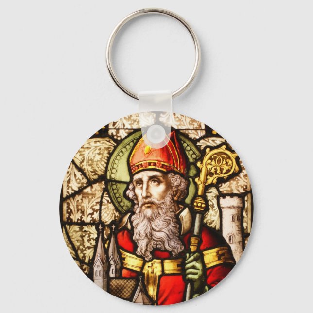 Saint Patrick Image on Stained Glass Key Ring (Front)