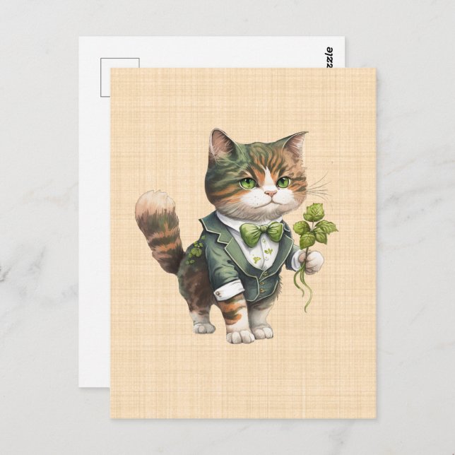 Saint Patrick: Lucky cat in suit Postcard (Front/Back)