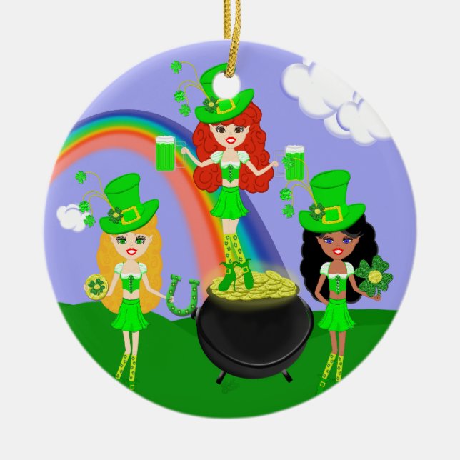 Saint Patrick’s Day Girl Leprechauns Ceramic Tree Decoration (Front)