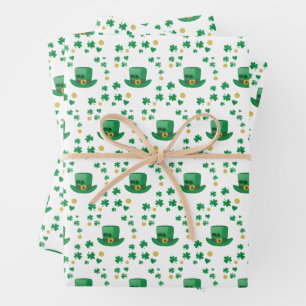 Saint Patrick’s Lucky Leprechaun, Coin and Clovers Wrapping Paper Sheet