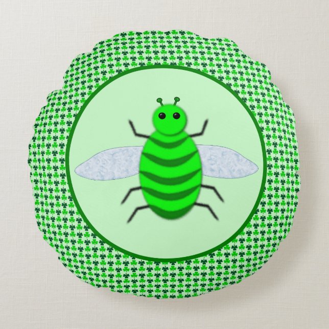 Saint Patricks Day Bee and Shamrocks Round Cushion (Front)
