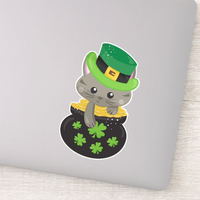 Saint Patrick's Day Cat, Clovers, Pot Of Gold (Detail)