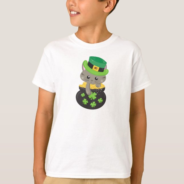 Saint Patrick's Day Cat, Clovers, Pot Of Gold T-Shirt (Front)