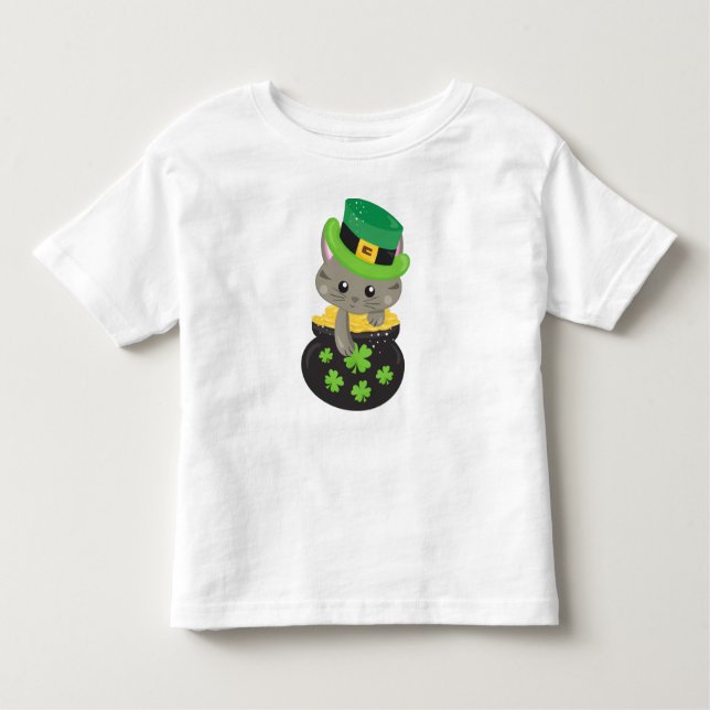 Saint Patrick's Day Cat, Clovers, Pot Of Gold Toddler T-Shirt (Front)