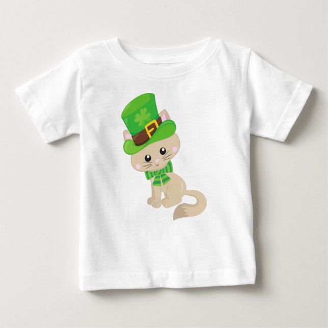 Saint Patrick's Day Cat, Leprechaun Hat, Clovers Baby T-Shirt (Front)