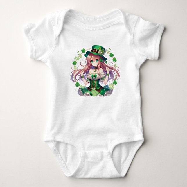 Saint Patrick's Day clover anime girl Baby Bodysuit (Front)