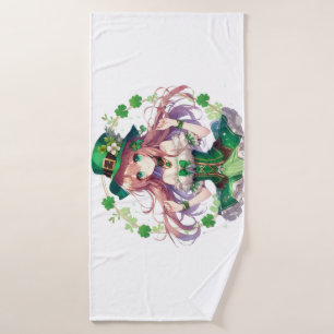 Saint Patrick's Day clover anime girl Bath Towel