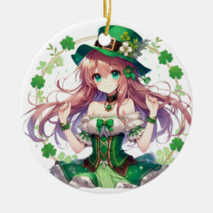 Saint Patrick's Day clover anime girl Ceramic Ornament