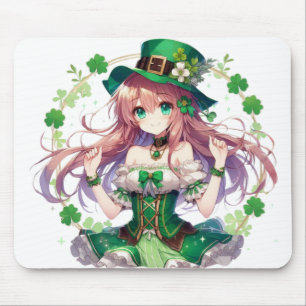 Saint Patrick's Day clover anime girl Mouse Pad