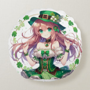 Saint Patrick's Day clover anime girl Round Cushion