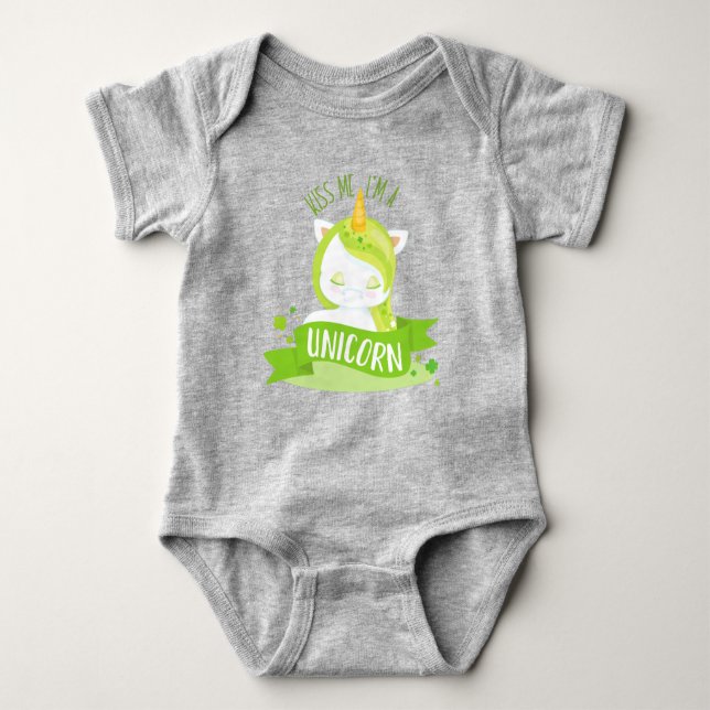 Saint Patrick's Day, Clovers, Kiss Me I'm Unicorn  Baby Bodysuit (Front)