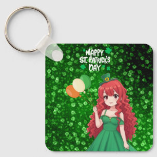 Saint Patrick's day cute, Irish anime lass Key Ring