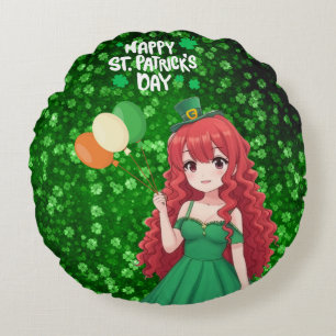 Saint Patrick's day cute, Irish anime lass Round Cushion